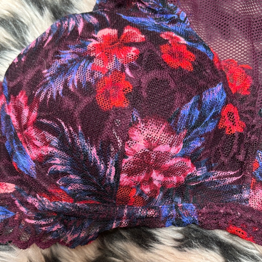 PINK Victoria's Secret Purple Blue and Pink Floral Lace Bralette w/ Mesh - Picture 3 of 10